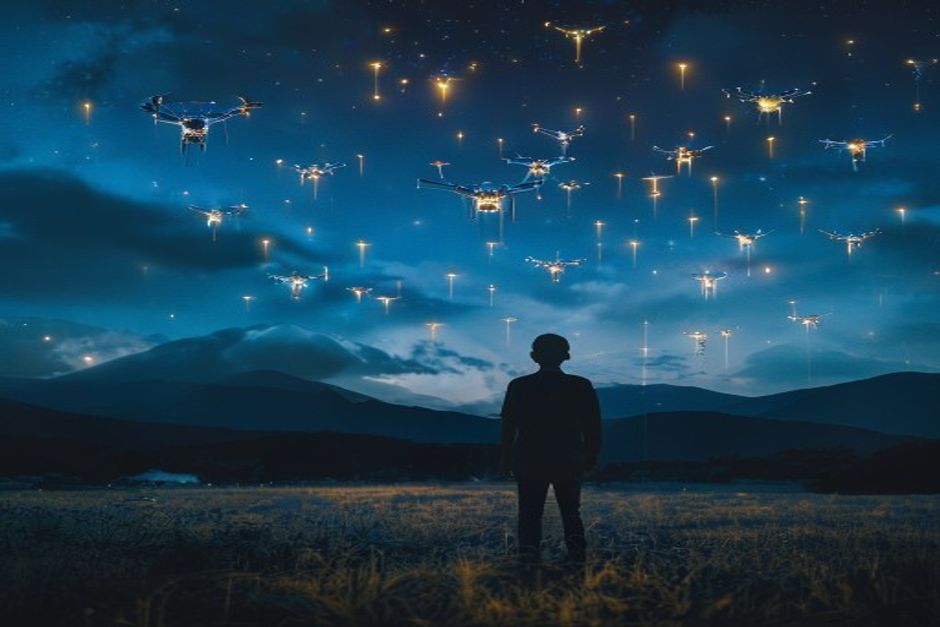 hundreds of glowing drones forming beautiful light patterns in the night sky,