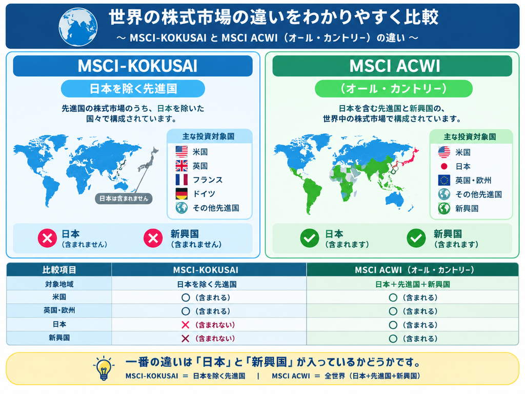 「MSCI-KOKUSAI」と「MSCI ACWI(オール・カントリー)」の違いを説明する図
